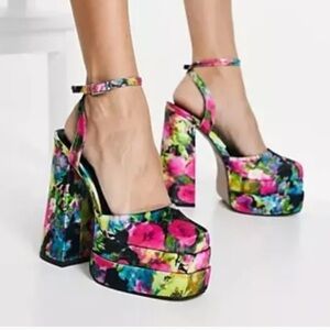 ASOS Design Retro Platform Chunky Heel Colorful Size 9 Barbiecore Ankle Strap